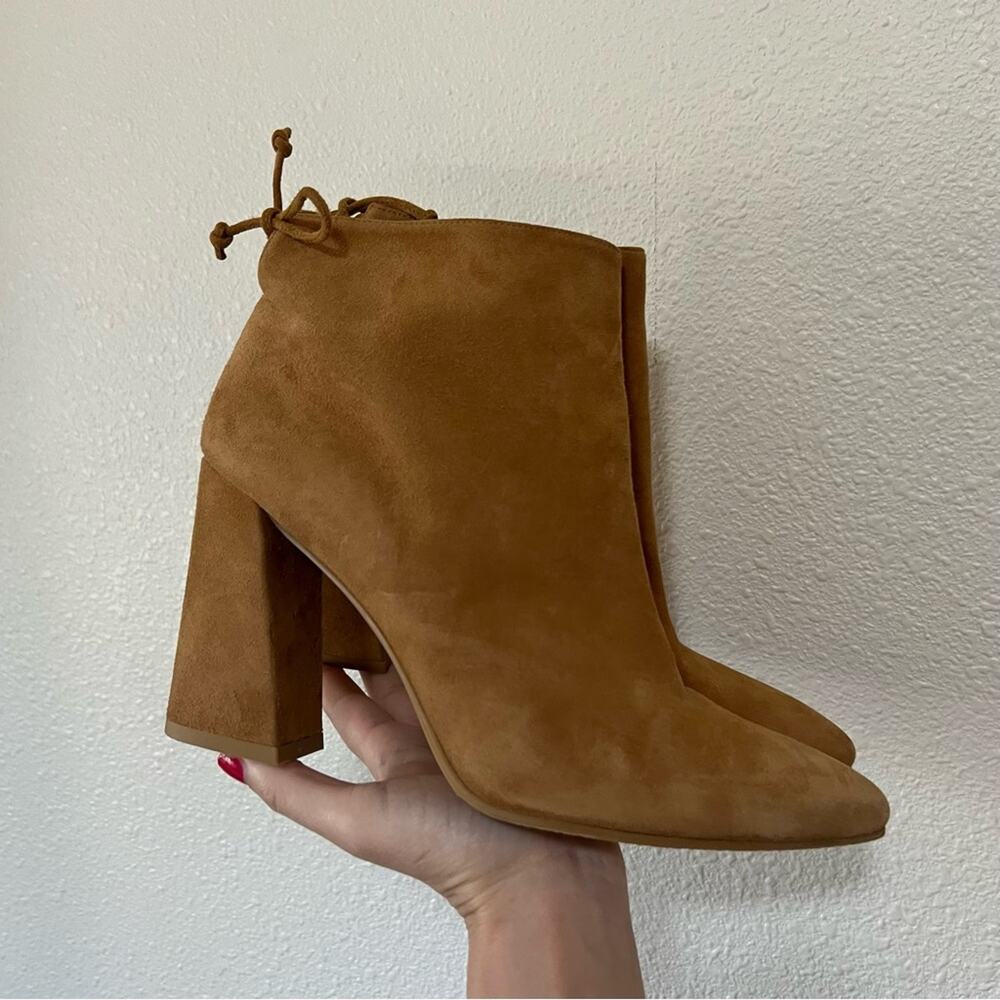 Stuart Weitzman Grandiose Camel Tan Suede Pointed-Toe Heeled Bootie Boots 40